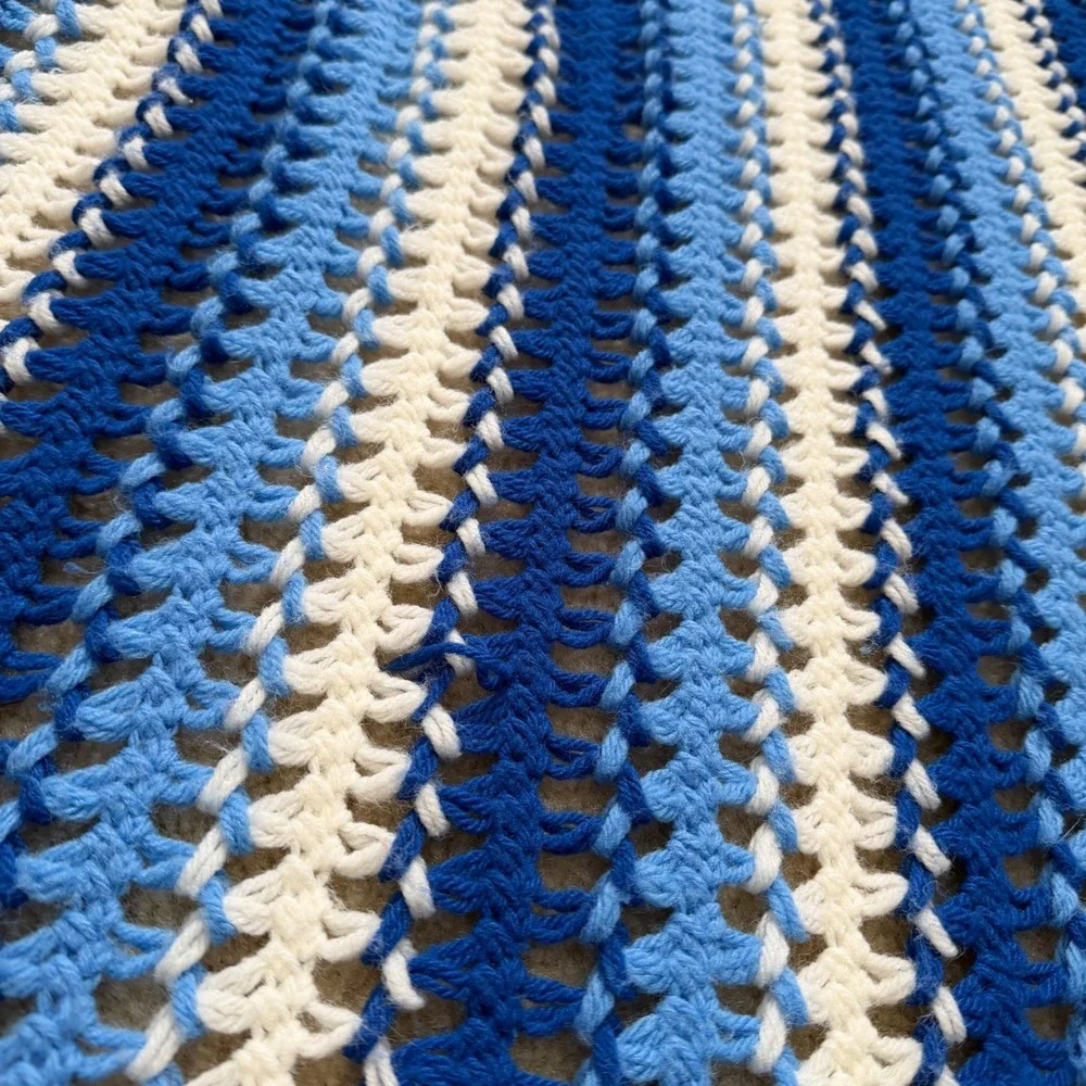 Vintage Handmade Crochet Afghan Blanket Blue White Striped Fringe Throw 97x47